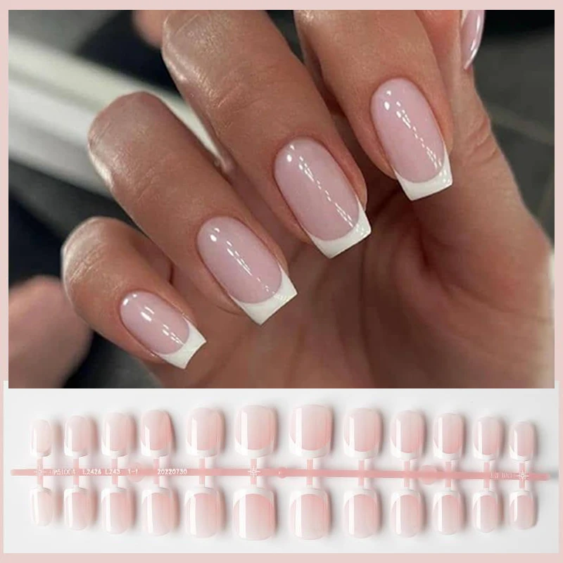 24Pcs/Set White French Press on Fake Nails Full Cover Artificial Wearable Nail Beauty Tips Naked French White False Nails Art