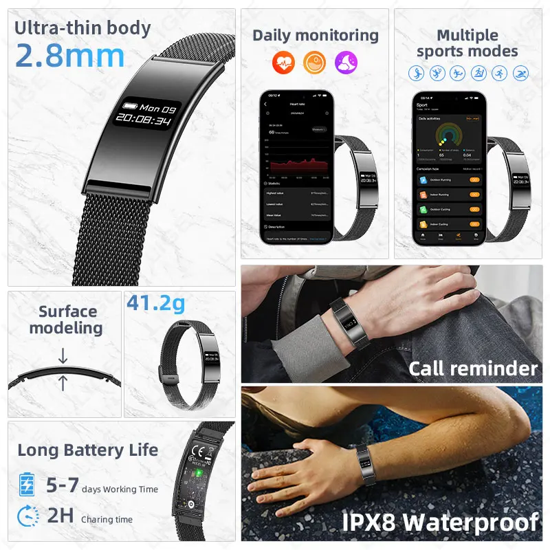 LIGE New 2.8mm Ultra-thin Smart Wristbands Heart Rate Health Monitoring Smart Bracelet Waterproof Sports Electronic Smart Watch