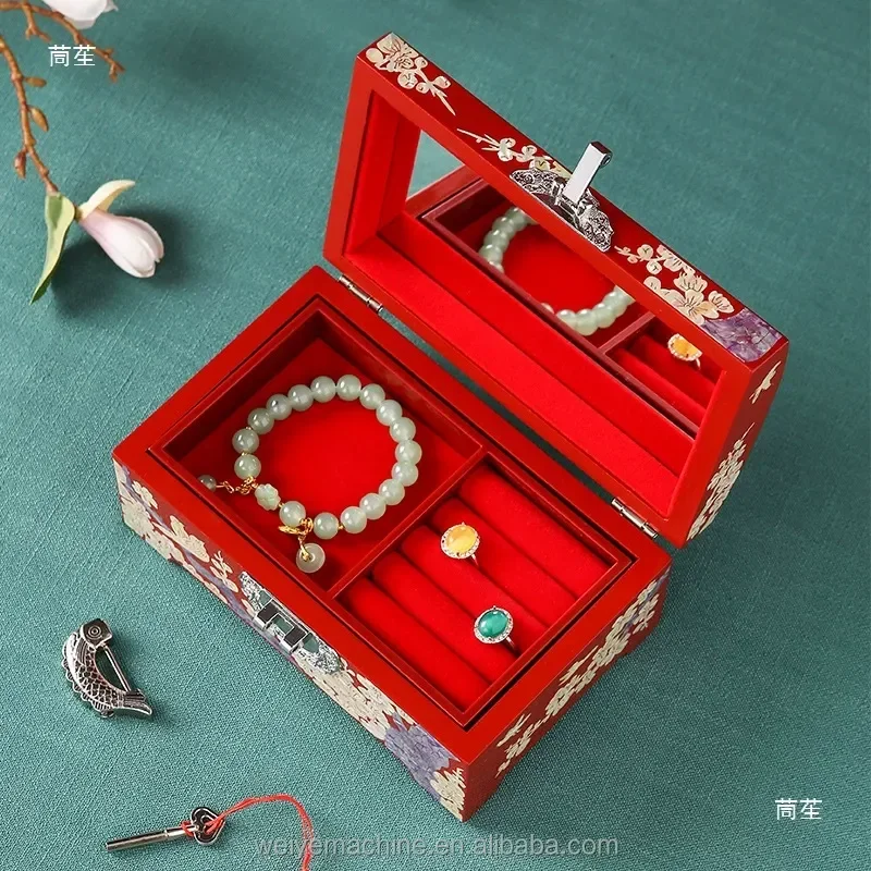 Mother of Pearl Jewelry Box Vintage Lacquer Wood Chinese Dowry Box for Three Gold Jewels Handmade Shell Inlay Gift