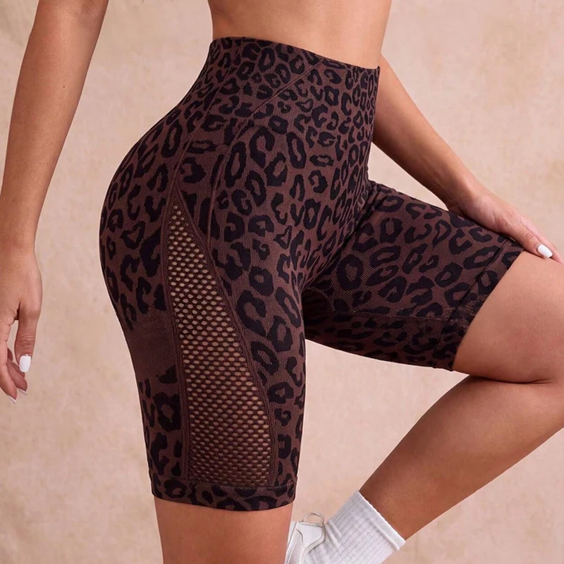 Women’s Leopard Yoga Shorts High Waist Hollow Out Sporty Short Pants Female Casual Gym Fitness Tights Running Workout Leggings