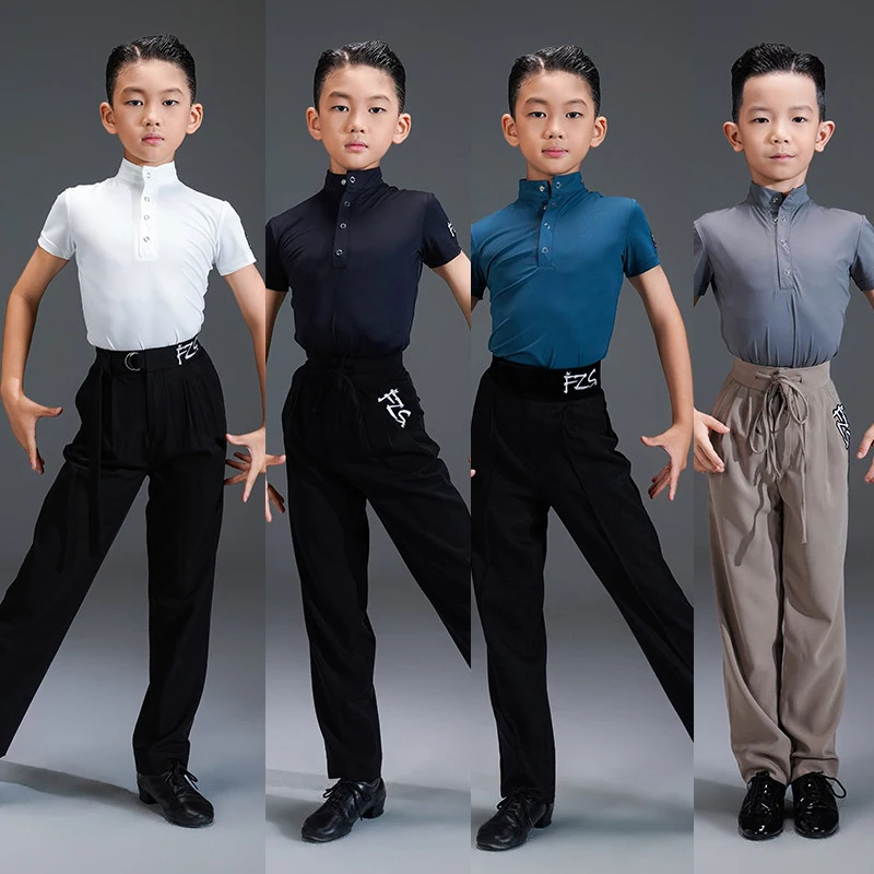 

Детский топ для латинских танцев румба, рубашка-поло с короткими рукавами для мальчиков, детские топы для современных танцев, сценическая одежда SL14968