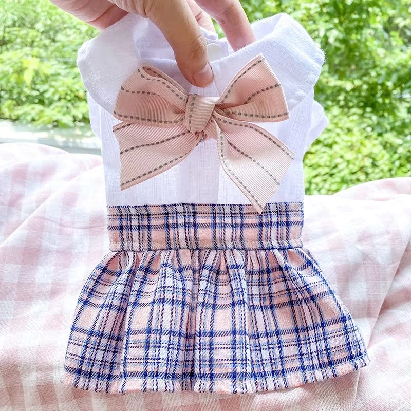 1PC Pet Clothing Cat Spring/Summer Thin Pink Grid Bow Student Princess Dress Suitable for Small and Medium Dogs