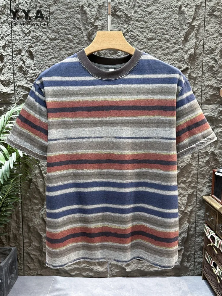 

Male Summer Short Sleeve Knitted T-Shirt Colors Panelled O-Neck Striped Pullover Tees Tops Casual Loose Fit High Street T-Shirt