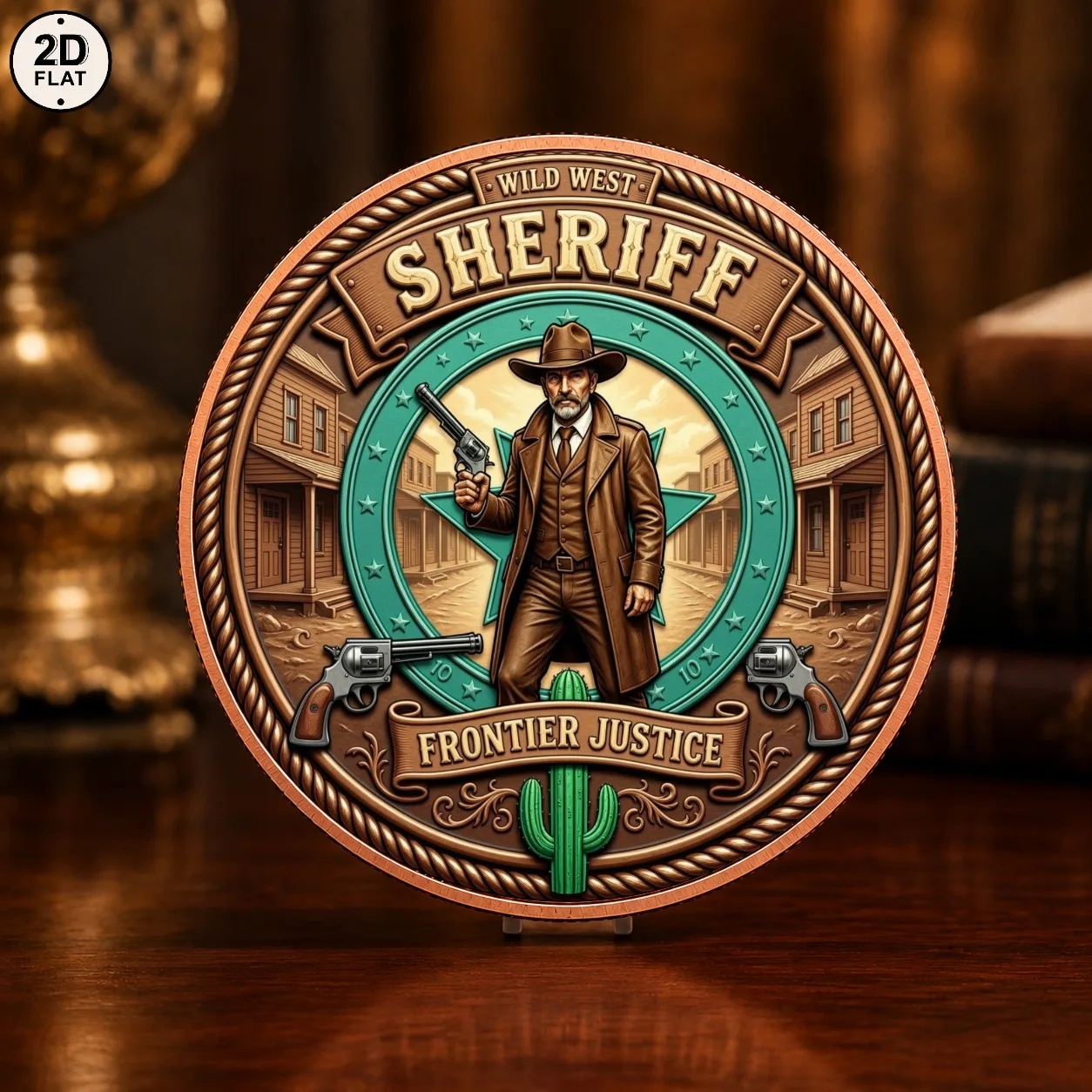 1pc 1oz .999 Fine Copper West Sheriff Frontier Justice Challenge Coin Color Print Cowboy Souvenir Token Gift for History Lovers