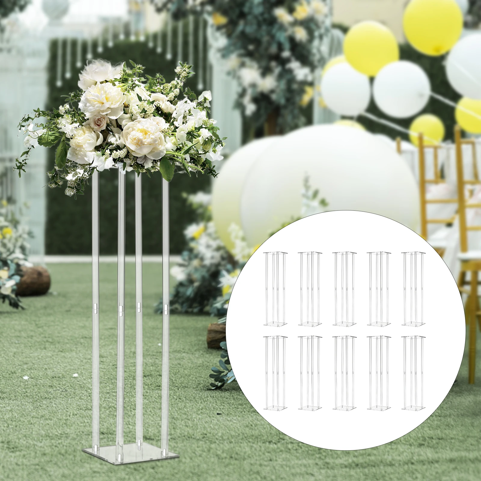 10-Pack Rectangle Acrylic Flower Vases 31.5 Inch - Clear Pedestal Stand for Wedding Party