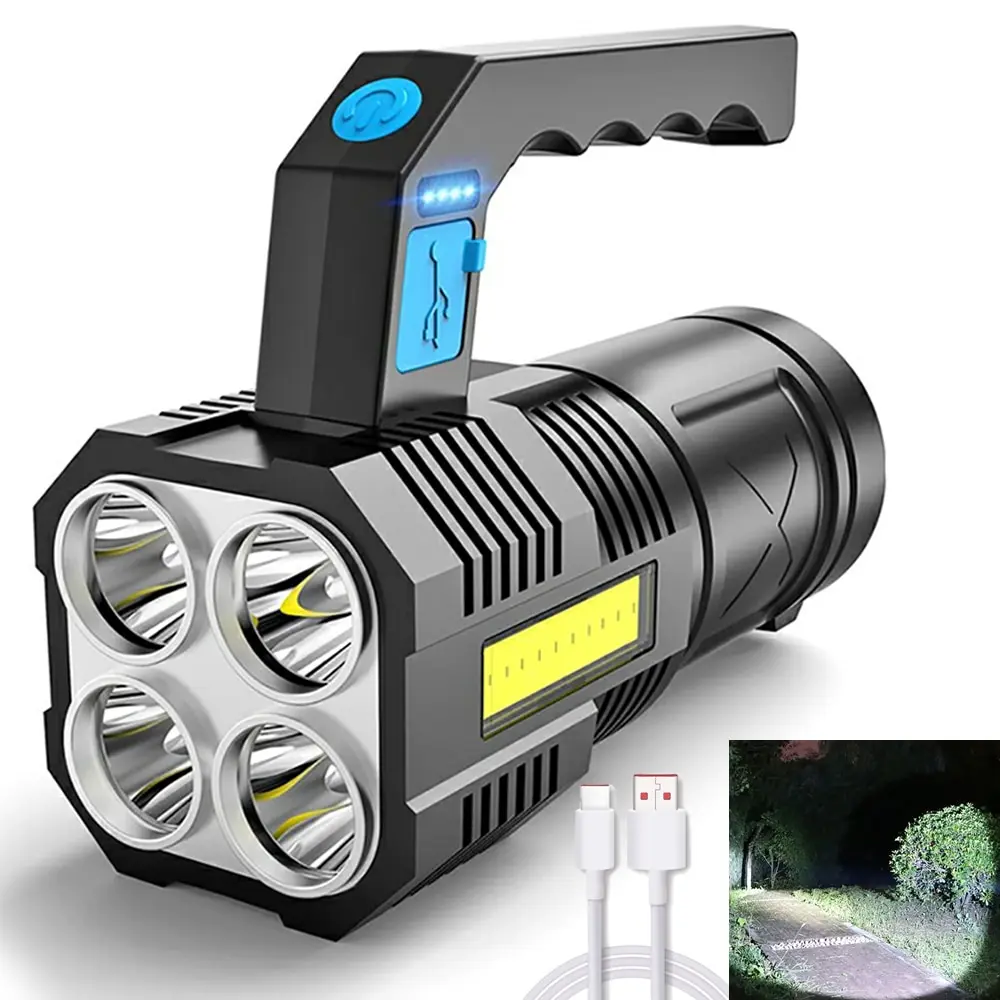 Powerful LED Flashlight Super Bright USB Rechargeable COB 4 LED Handheld Lantern Camping Portable Torch Light