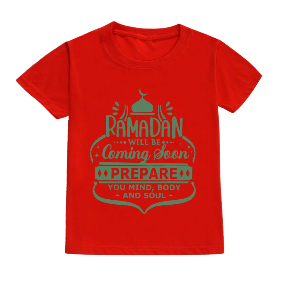 T-shirt casual per bambini Ramadan T-shirt a maniche corte con stampa di lettere T-shirt girocollo leggera elasticizzata Top estivo ampio e confortevole