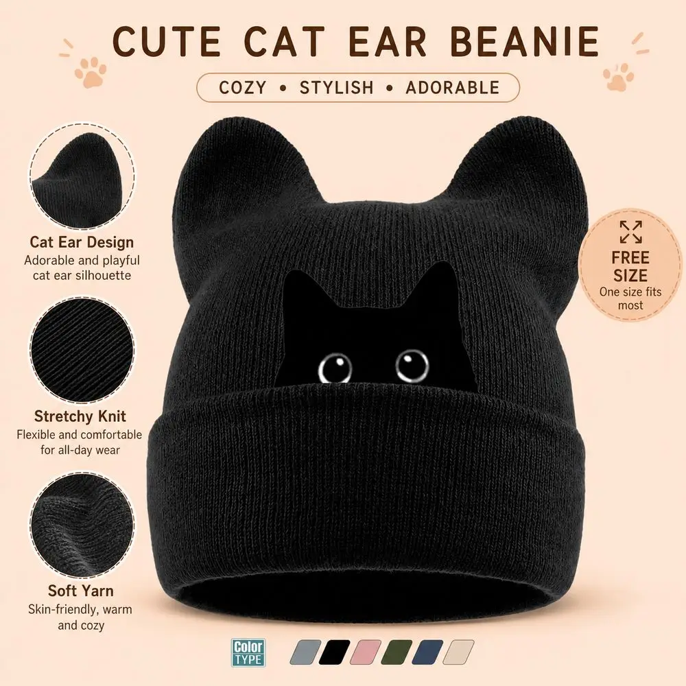 Fashion Knit Cat Ear Beanie Hat Y2K Harajuku Punk Gothic Brimless Skull Cap Stretchable Winter Knit Hat Casual Streetwear