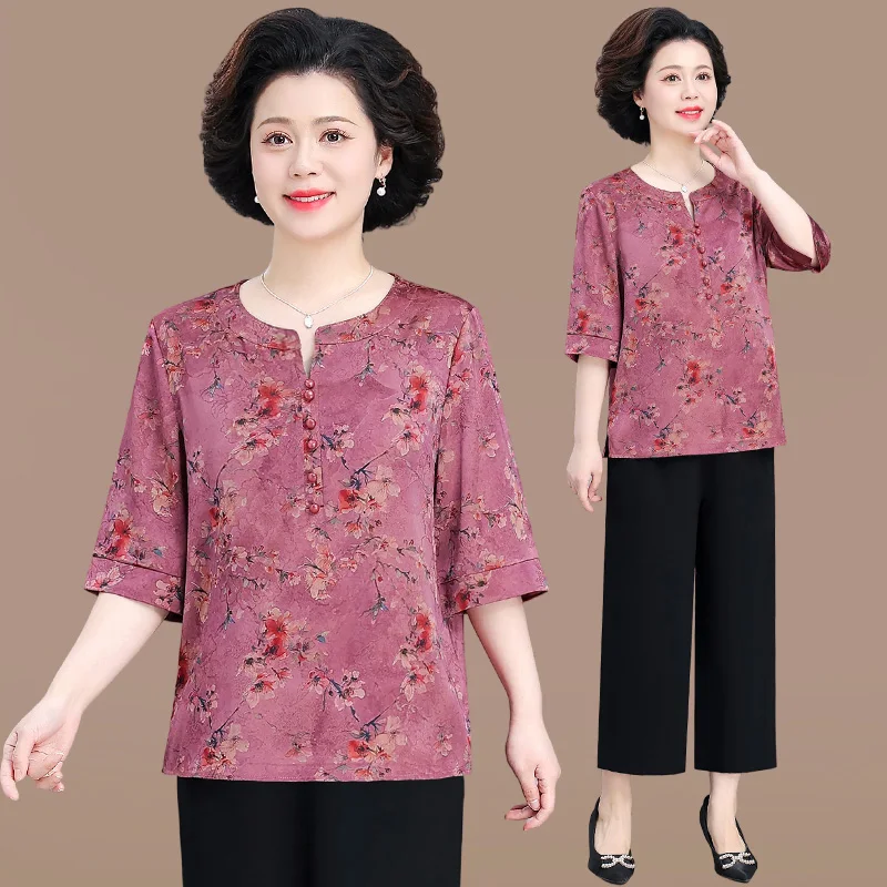 

Летний модный комплект из двух предметов: топ из шифона с цветочным принтом и шорты из ледяного шелка, свободного кроя, для женщин старшего возраста и мам