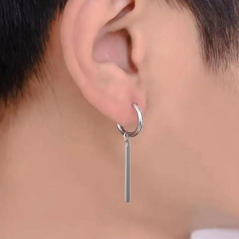 Minimalist Fake Earrings Square Bar Hanging Hoop Earring Pendant Ear Clip Stainless Steel Earring Men Jewelry