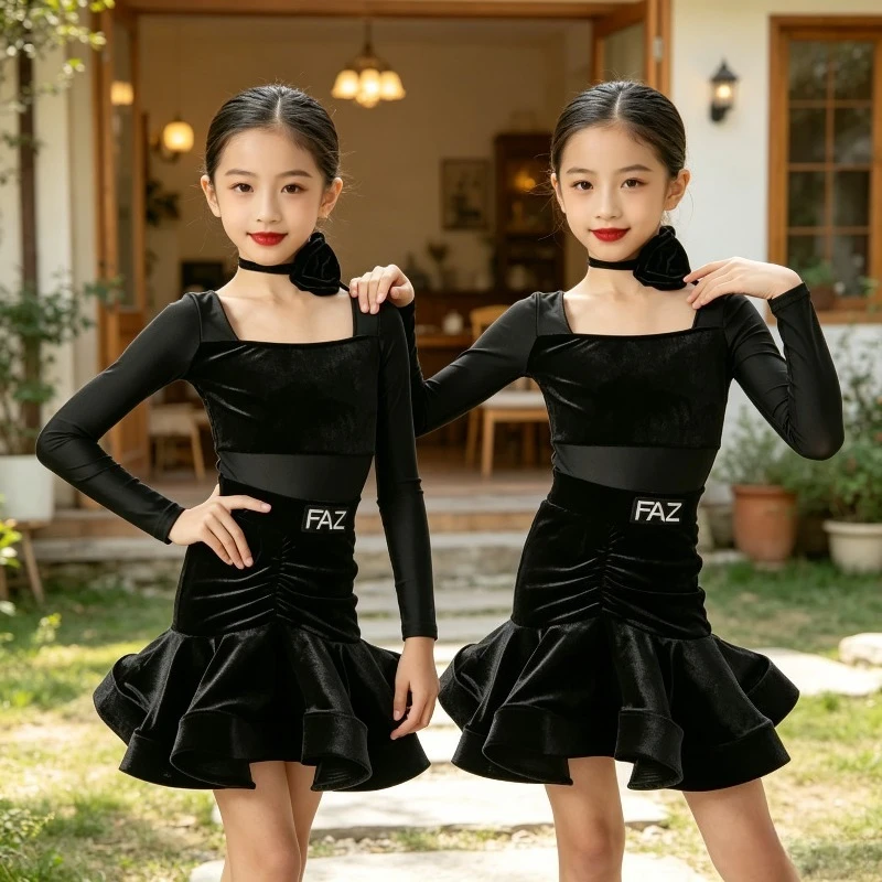 

Girls Fall Winter Latin Dance Practice Dress Black Kids Samba Waltz Tango Professional Stage Performance Costume Dance Wear Zym