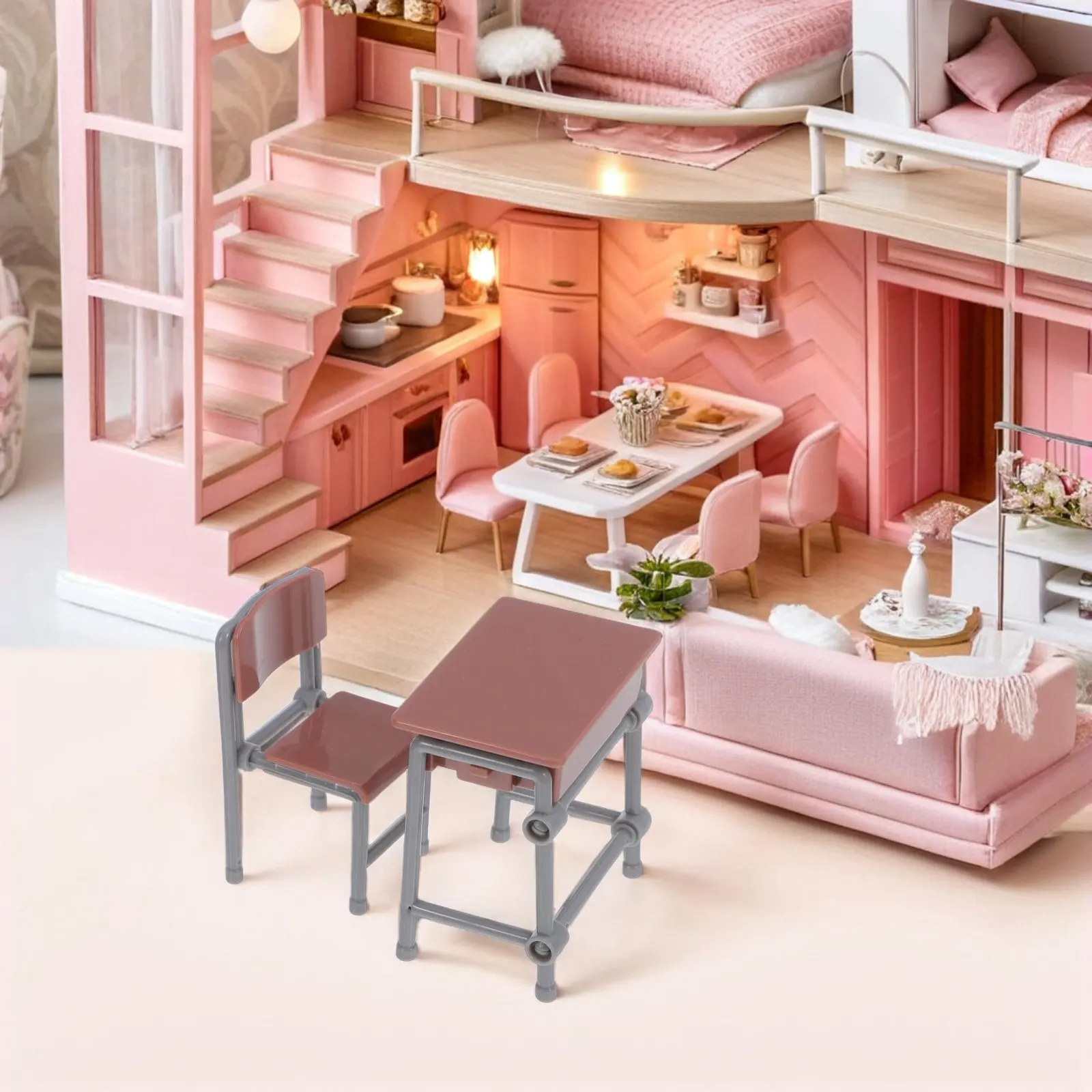 

5Sets Miniature School Furniture Set Detailed Plastic Desks Tables for Dollhouse Classroom Study Room Decor Creative Arrangement