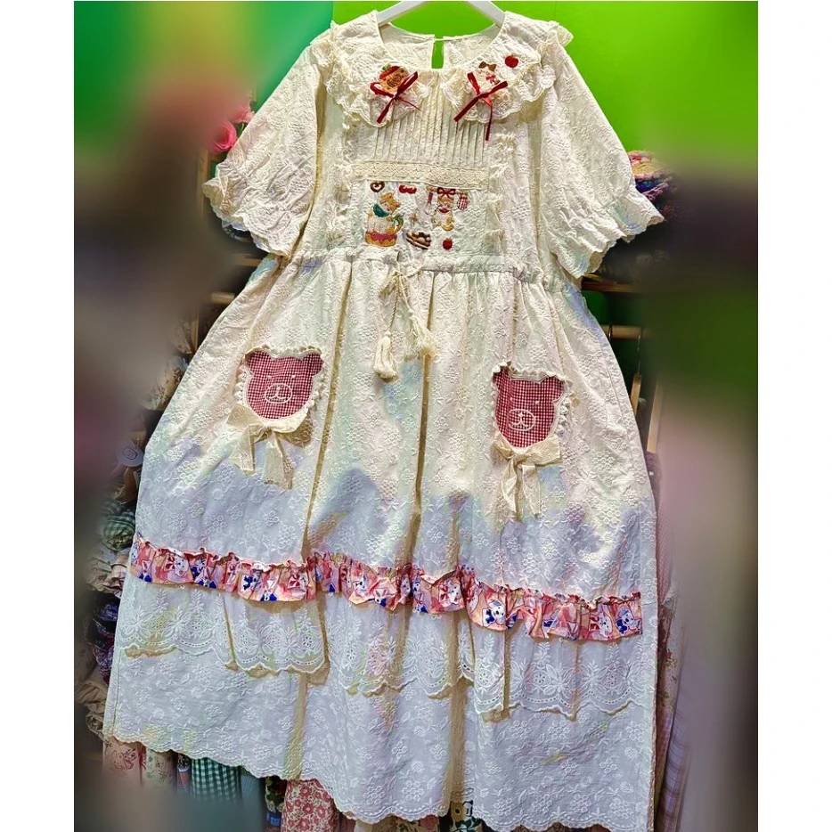 

Women Vintage Sweet Cute Lace Pleated Rococo Long Dress Casual Summer Mori Girl Kawaii Lolita Harajuku Korea Cotton Midi Dress