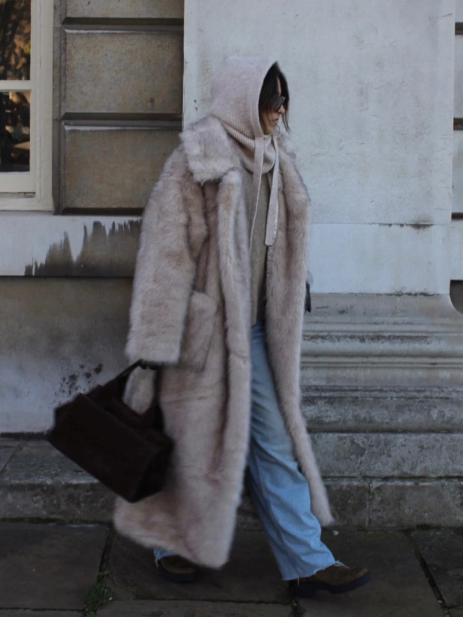 Chic Women Cream White Fur Coat Lapel Collar Drop Shoulder Open Front Mid Long Winter Outerwear