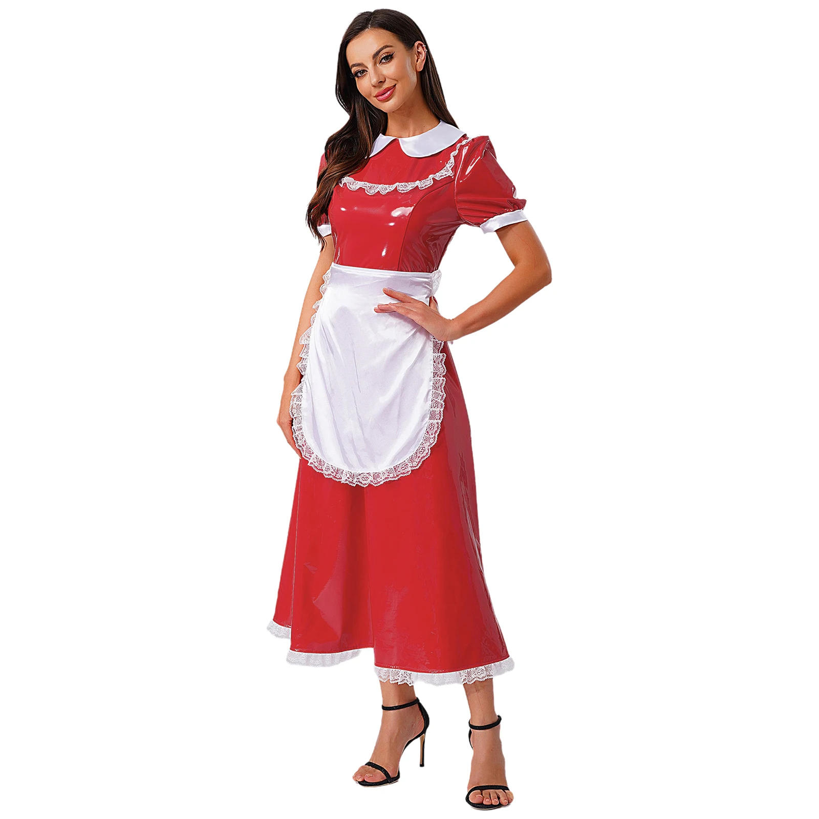 

Womens French Maid Cosplay Dress with Apron Satin Lace Trim Short Sleeve Wet Look PU Maxi Dress for Halloween Carnival Party