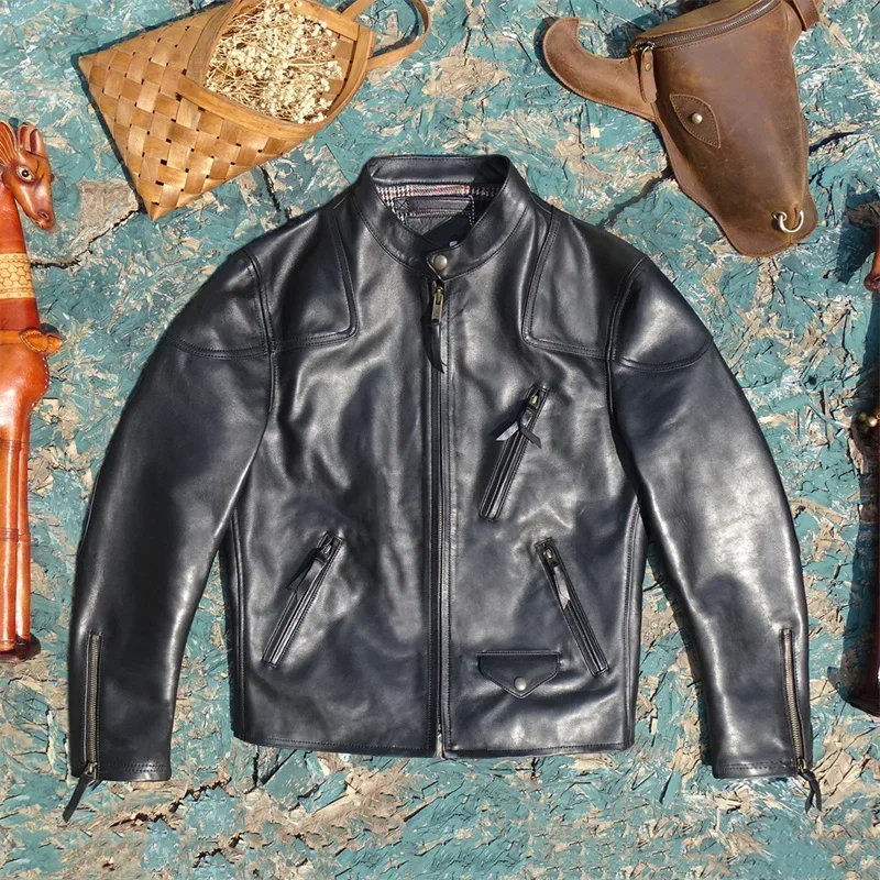 

Импортная куртка из воловьей кожи с верхним слоем, мужской Venomous с воротником-стойкой, облегающая короткая обновленная версия из воловьей кожи