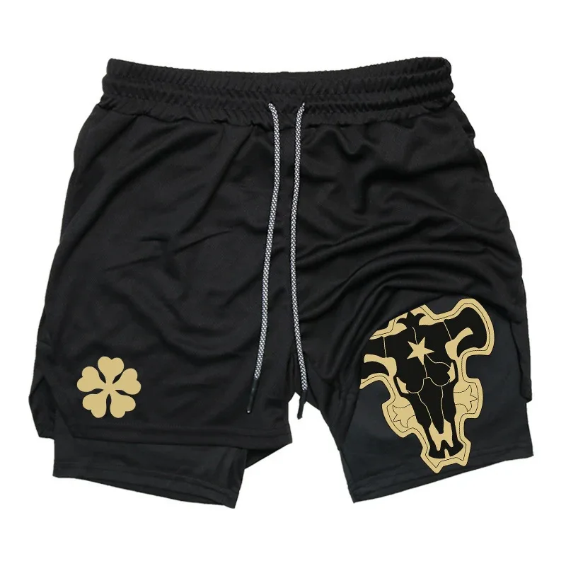 Novedad de verano, pantalones cortos negros con estampado de trébol de cinco hojas para hombres y mujeres, pantalones cortos deportivos sueltos de doble capa e pantalones casuales para Fitness en la playa