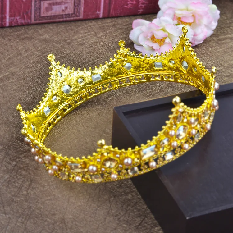 Golden Arabeske Round Crown King Crown Bridal Tiaras Wedding Crown Retro Baroque Crystal Pearl Round Headwear