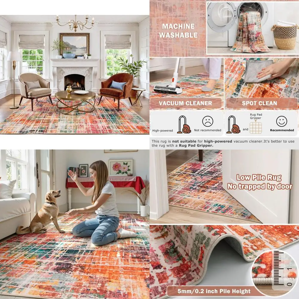 

Colorful Abstract Area Rugs 8x10, Non-Slip Foldable for Living Room, Modern Low Pile Decor