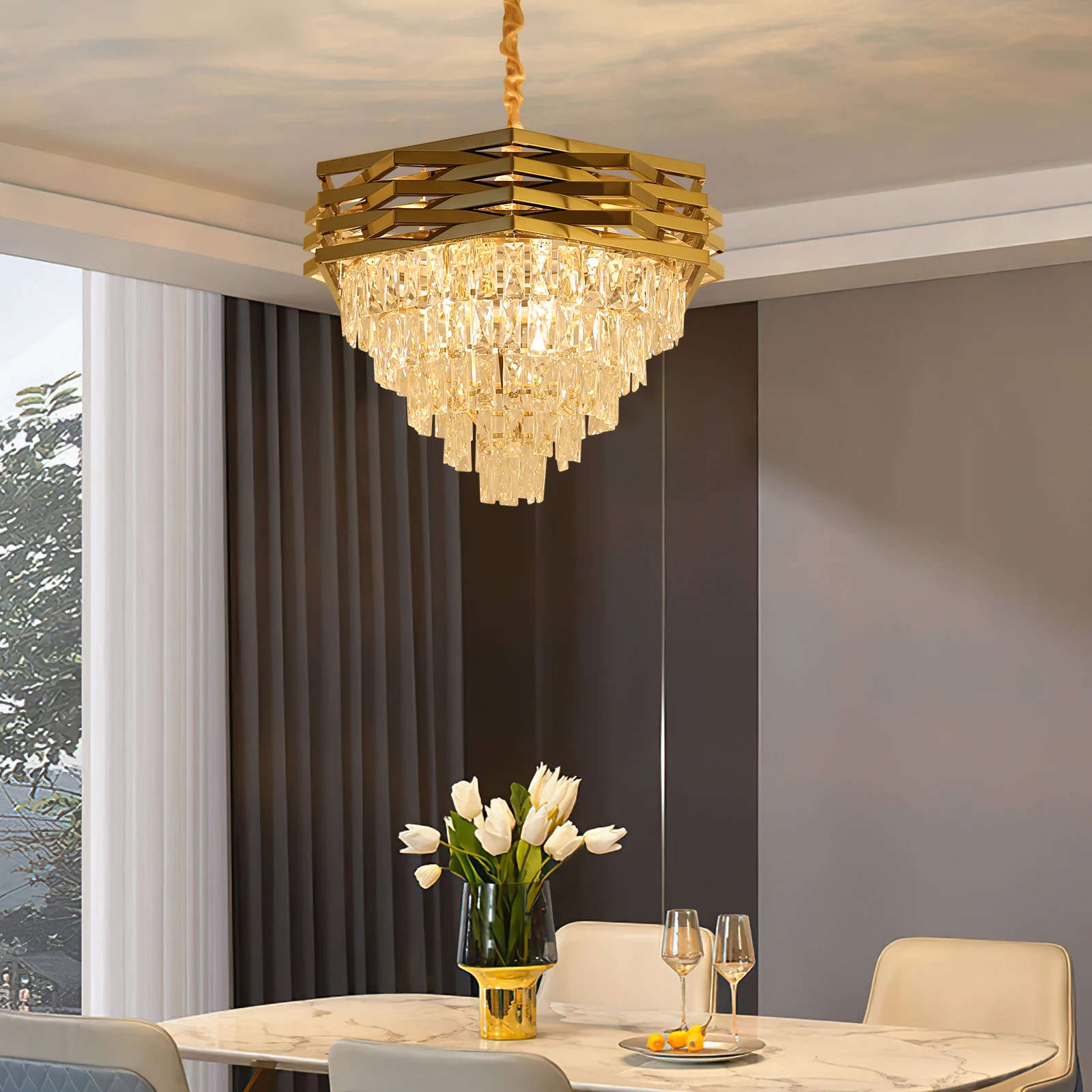 

Современная хрустальная люстра, 12-световая золотая люстра, 5-уровневая хрустальная люстра с каплями дождя