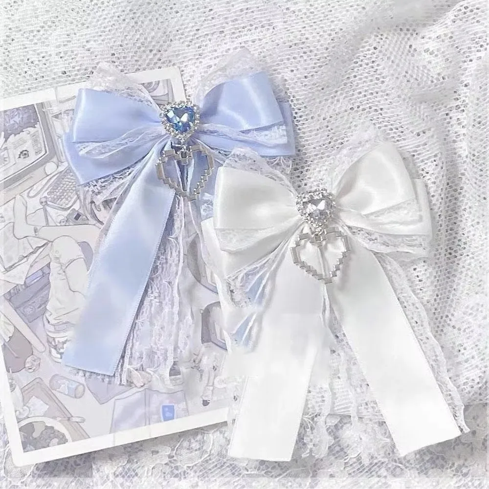

1/2PCS Ribbon Lace Bow DIY Ribbon Bowknot Kit Heart Diamond Clip Double Layer Bow Pendant Lolita Backpack Charm Bling Heart