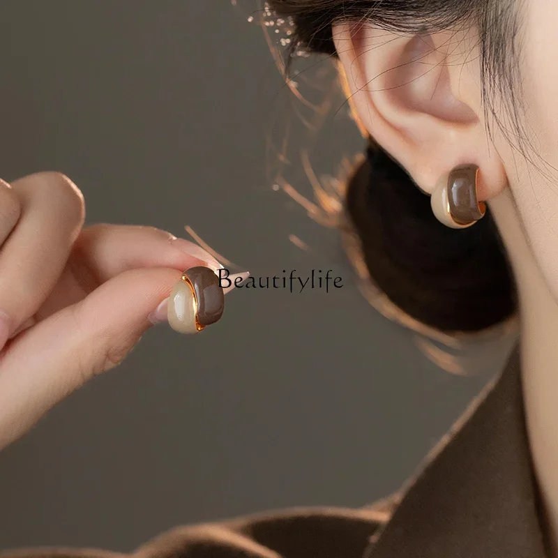 French retro Maillard contrasting color drip glaze earrings niche unique high-end stud earrings