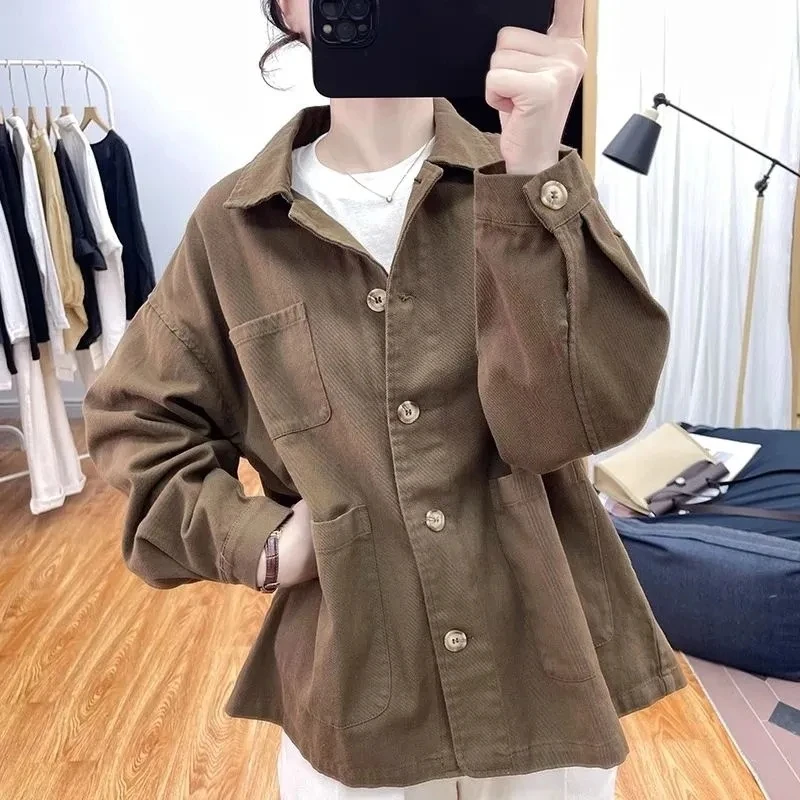 Slimming Casual Plaid Loose Women's Jacket Autumn Fashion Small Size Suit Collar Multi-Pocket Polyester Fiber Straight Hem