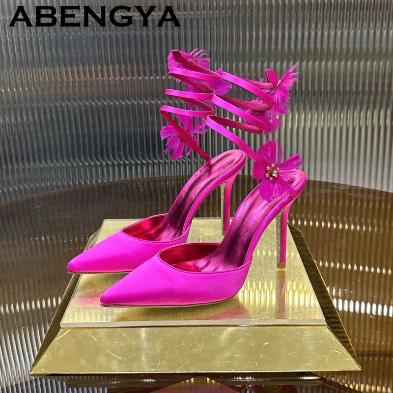 New Pointy Toe Satin High Heels Crystal Sandals Women Fashion Feathers Ankle Wrap Rome Sandals Summer Sexy Party Stilettos Shoes