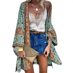 Women's Cardigan Thin Loose Bohemian Print Mid-length Cardigan Summer New Long Sleeve Holiday Fashion Vintage Sunscreen Jacket