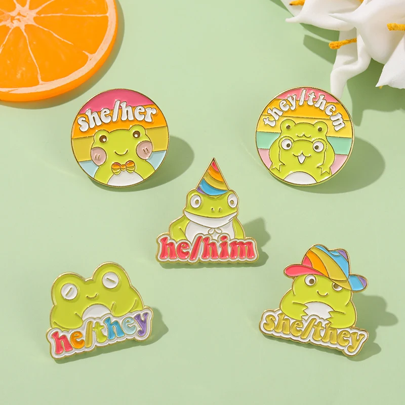 Frog Studying Enamel Pins Custom Rainbow Colors Pronoun Brooches Bag Lapel Pin Cartoon Animal Badge Jewelry Gift Drop Shipping