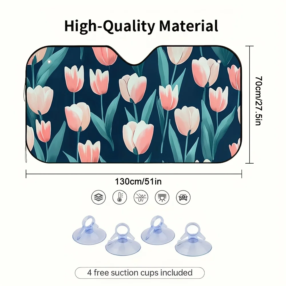 1pc Tulip Design Car Windshield Sun Protector – Fits Most Vehicles, Maintains A Cool And Chic Interior, Comes With 4 Complimenta