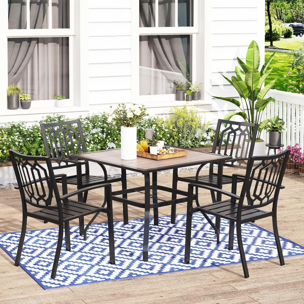 

Metal Patio Dining Table Set for 5,4 Metal Dining Chairs and 1 37" Larger Square Table Furniture Set, Steel Frame