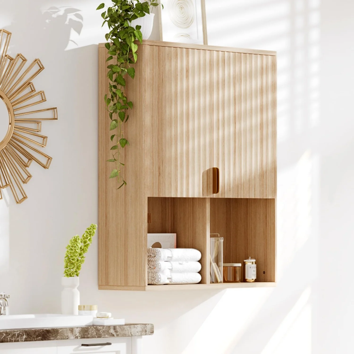 Fluted Bathroom Wall Cabinet, Over Toilet Storage Cabinet with Adjustable Shelf, Modern Wooden Medicine Cabinet with Buffering Hinges, Bathroom Organizer