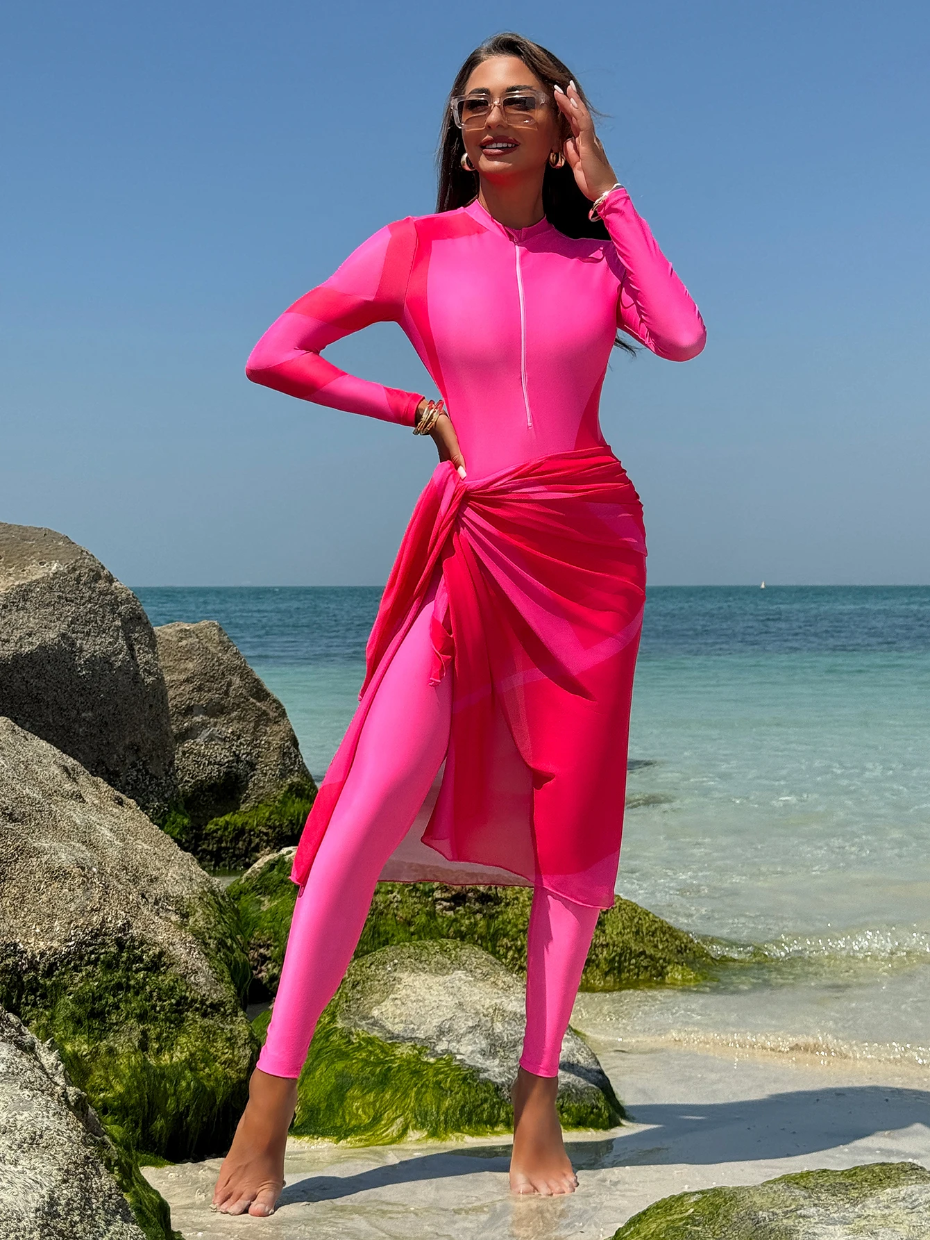 3pcs New Burkini Femmes Muslim Modest Swimwear Long Sleeved with Rose Red Gauze Swimsuits Arabic Swimwear SPF50+ Beach Wear