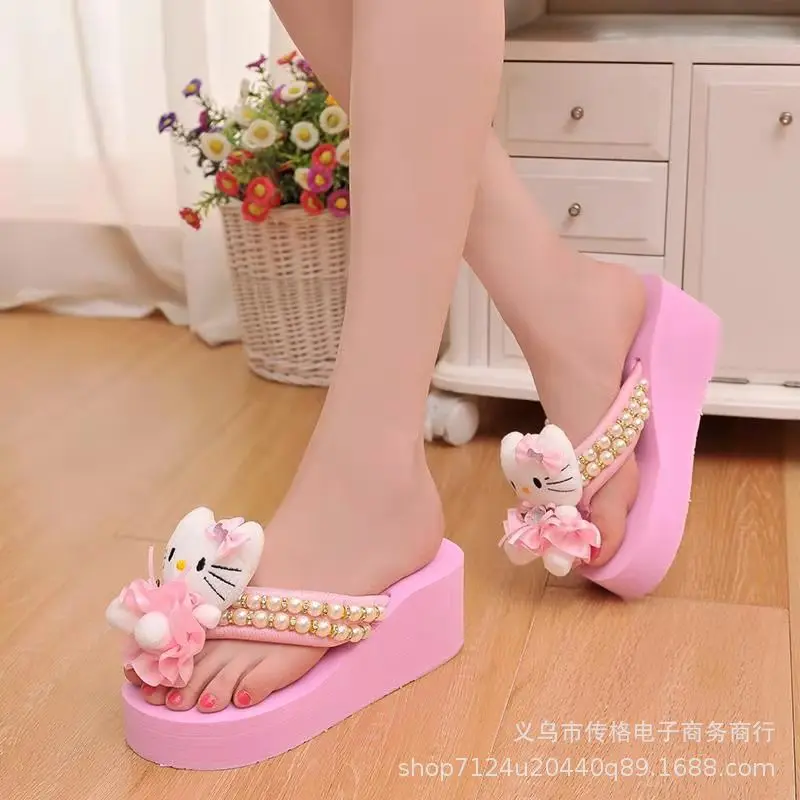 Sanrio Kawaii Hello Kitty Doll Wedges Slipper Women\'s Fashion High Heels Flip Flops Leisure Slides Platform Sandals Female