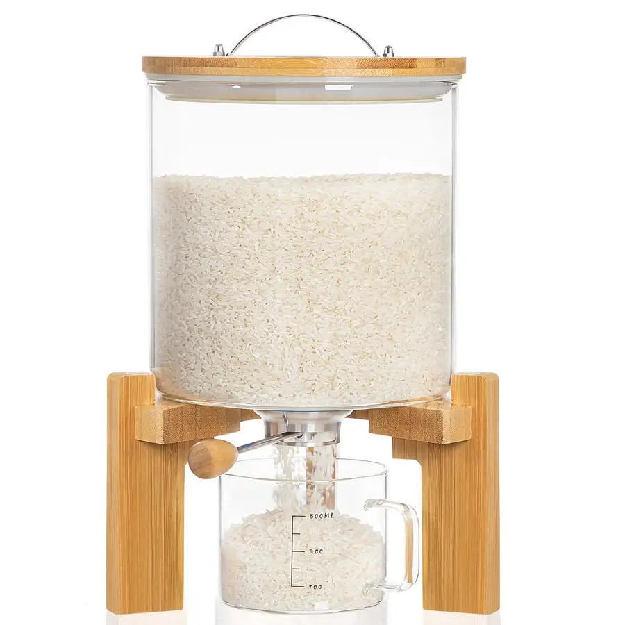 

Стеклянный диспенсер для риса на 810 фунтов с деревянной подставкой, контейнер для муки и круп со стеклянной мерной чашей, органайзер для хранения продуктов в кладовой