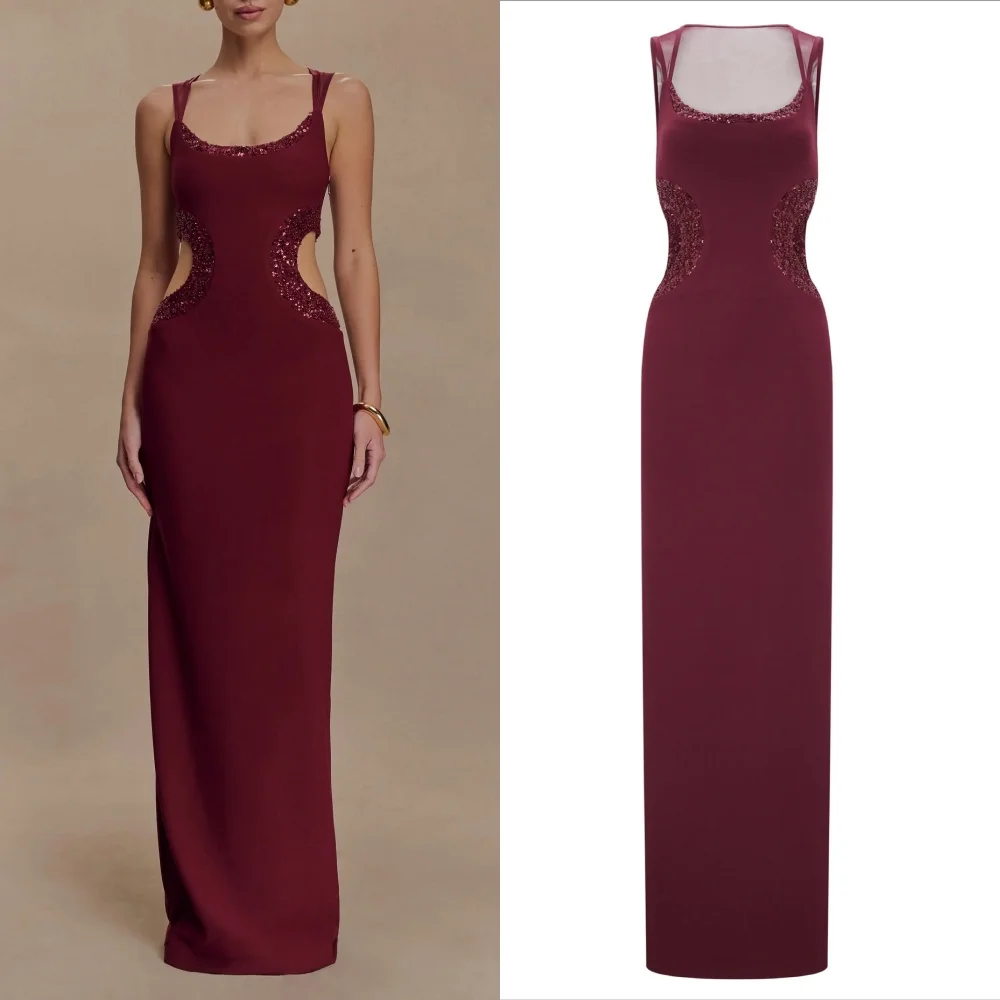 Op maat gemaakte bijpassende sexy jersey plooi kralen lovertjes rechte ronde hals lange jurken op maat gemaakte gelegenheidsjurken klassiek retro