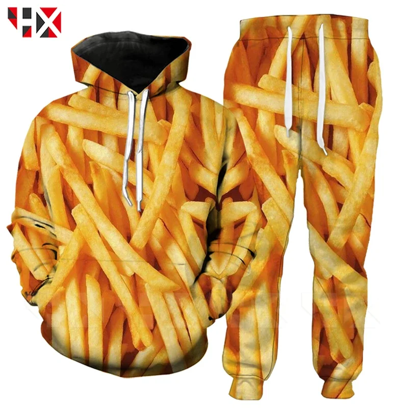 HX Autumn Trend Food Street Hoodies Sweatshirt Set 3D Printed French Fries Hip Hop Unisex Casual Harajuku Style Set HX465