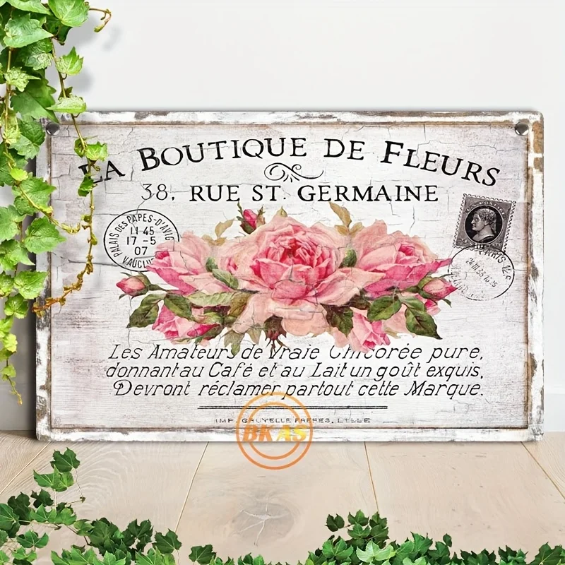 1 Stück französisches Landhaus-Holzschild zum Aufhängen – Vintage-Wandkunst mit Blumenmotiven, französischer Schrift und botanischem Dekor, Plakette geeignet für