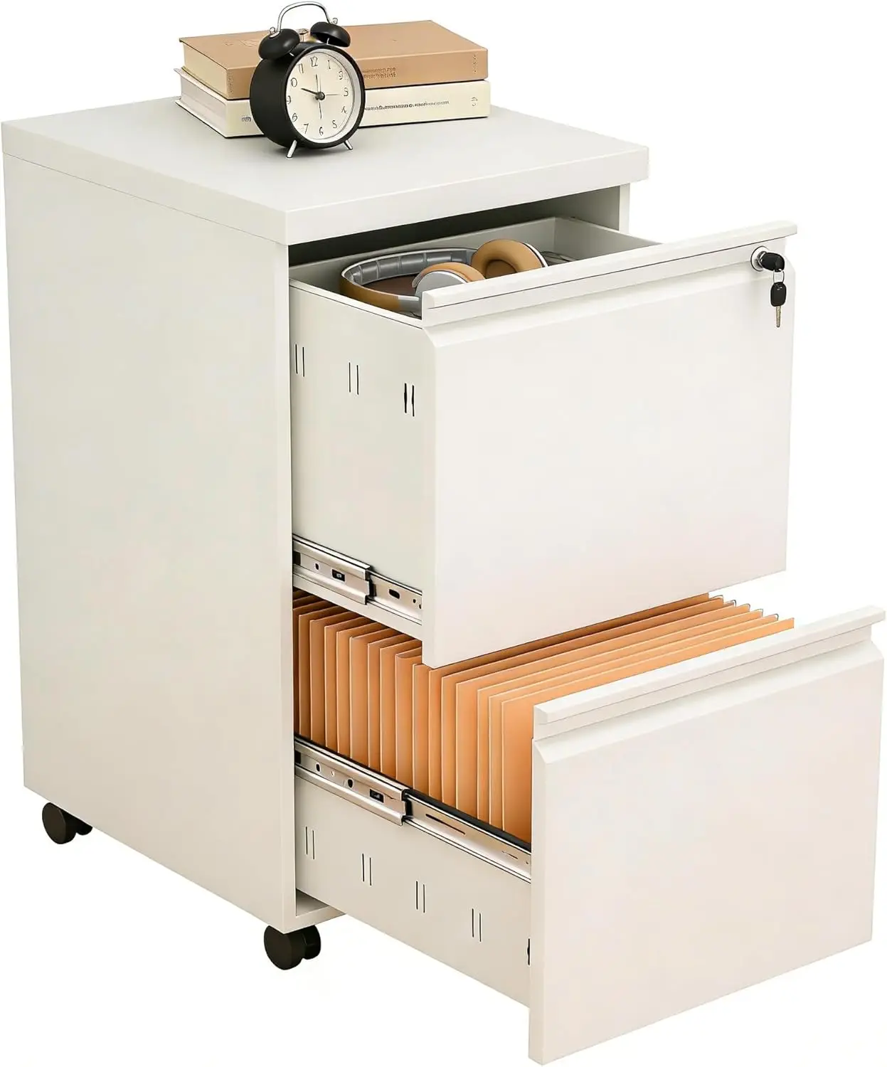 

2 Drawer Lockable Metal File Cabinet with Wheels, Mobile Filing Cabinet for Legal Letter Size, Under Desk Storage Cabinet White