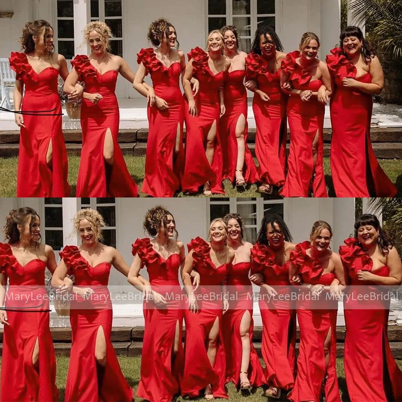 

Ruffles One Shoulder Red Bridesmaid Dresses with High Slit Sexy Crepe Mermaid Bridal Reception Party Gown Maid of Honor Dress