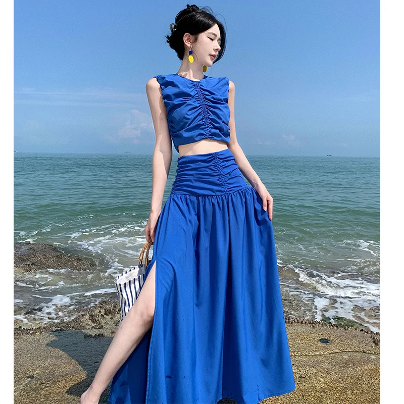 

Summer Holiday Blue Fashion 2 Piece Dress Sets Sexy Sweet Pleated Sleeveless Short Camis Vest&high Waist Split Long Skirt Suits