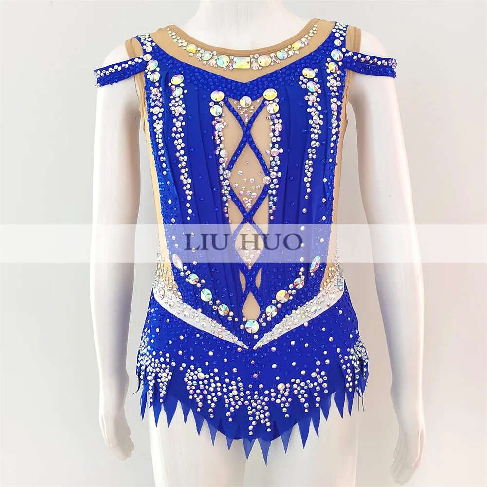 LIUHUO Rhythmic Gymnastics Leotard Aerobics Adult Women Girl Costume Performance Competition Dance Dress Sleeveless Blue Teens