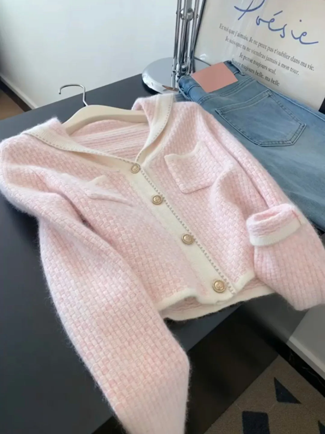 

Мягкий розовый темно-синий вязаный открытый кардиган с воротником, милый нежный свитер с рукавами, джет, элитный женский модный осенний сезон