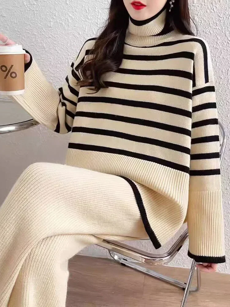 

Y2k Soft Knitwears Set Turtleneck Flare Sleeve Sweater Outfit High Waist Wide Leg Pant Suit Loose Stripe Woman Conjuntos LU170