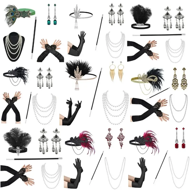 5PCs Gatsby party 1920s set metal leaf headwear alloy headband necklace long smoke Rod glove set makeup ball accessories