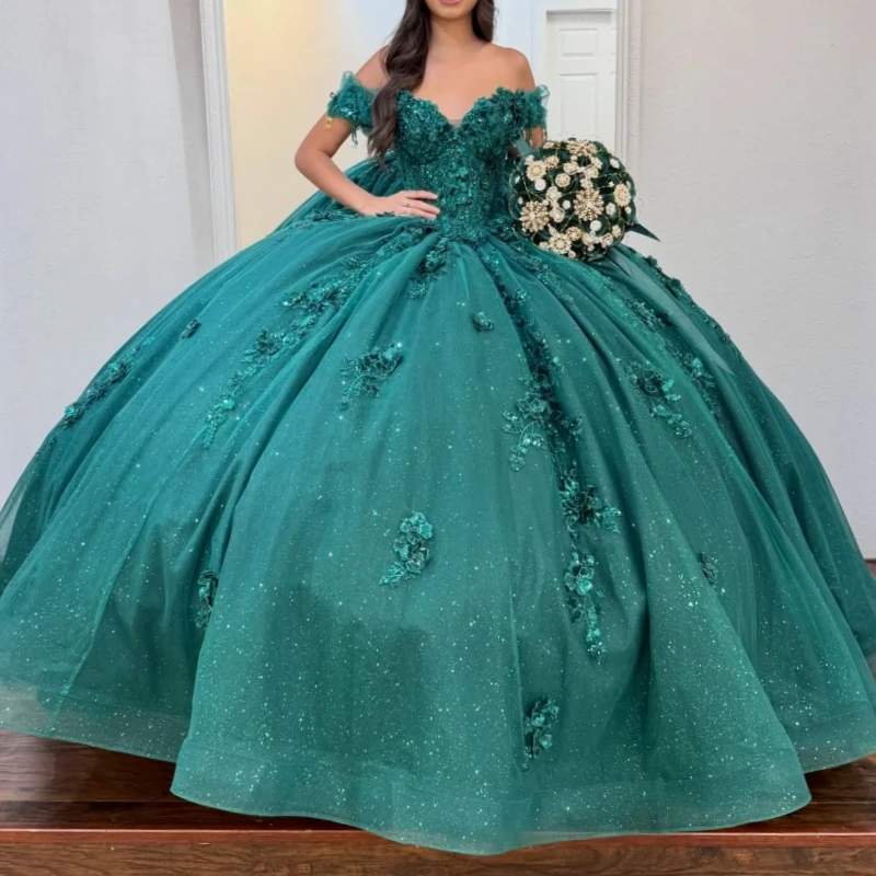 

Dark Green Shiny Quinceanera Dresses Off Shoulder Ball Gown Sweet 16 Dress Applique Flower Beading Crystal Bow Tull Birthday