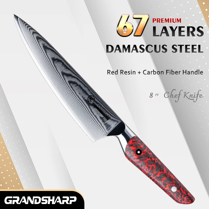 

Шеф-нож Grandsharp 8 дюймов, 67 слоев, Дамасские кухонные ножи, нержавеющая сталь, нож мясника, красная смола + ручка из углеродного волокна