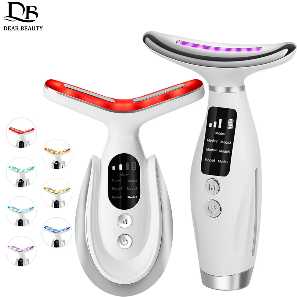 7 Color Light Face Lifter Neck Beauty Device LED Photon Therapy Skin Tighten Wrinkles Remover Heated Vibration Facial Massager