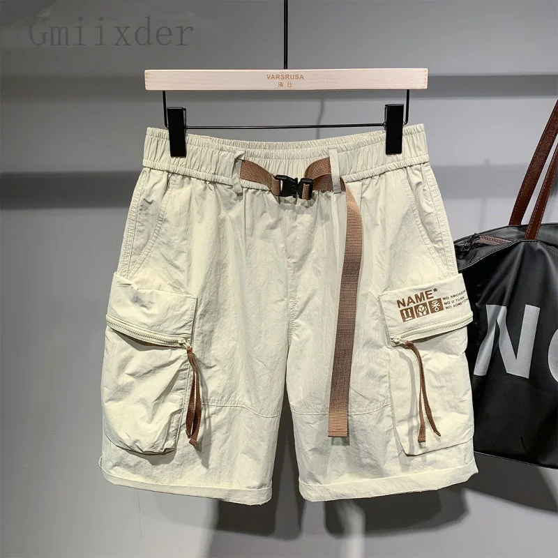 Japan Contrast Belt Shorts Large Pocket Capris Men's 2023 Summer American Loose Work Wear Quick Dry Casual Half Pants